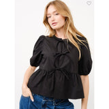 Poplin Bow Front Peplum Top Black