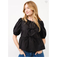 Poplin Bow Front Peplum Top Black