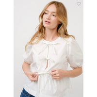 Poplin Bow Front Peplum Top White