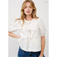 Poplin Bow Front Peplum Top White