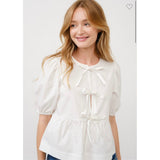 Poplin Bow Front Peplum Top White