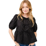 Poplin Bow Front Peplum Top Black