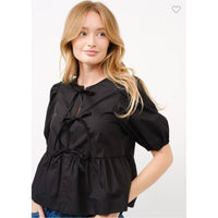 Poplin Bow Front Peplum Top Black